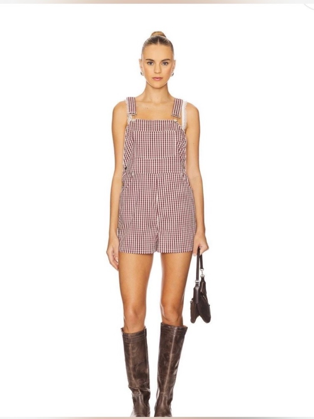 #676 WeWoreWhat NWT Red and White Gingham Short Overalls Romper